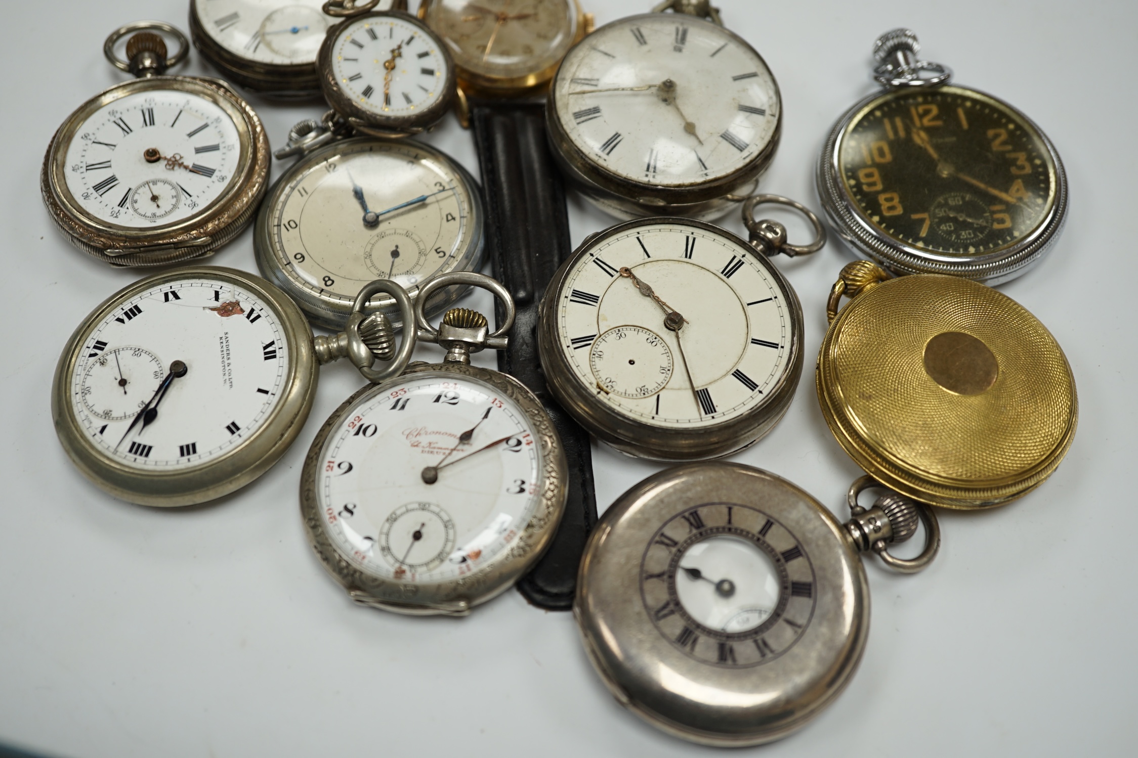 A small collection of assorted pocket watches, including five white metal or silver and a silver pair case by Shipley of Derby, lacking outer case, together with a Waltham black dial, fob watch and a Zedon steel and gold